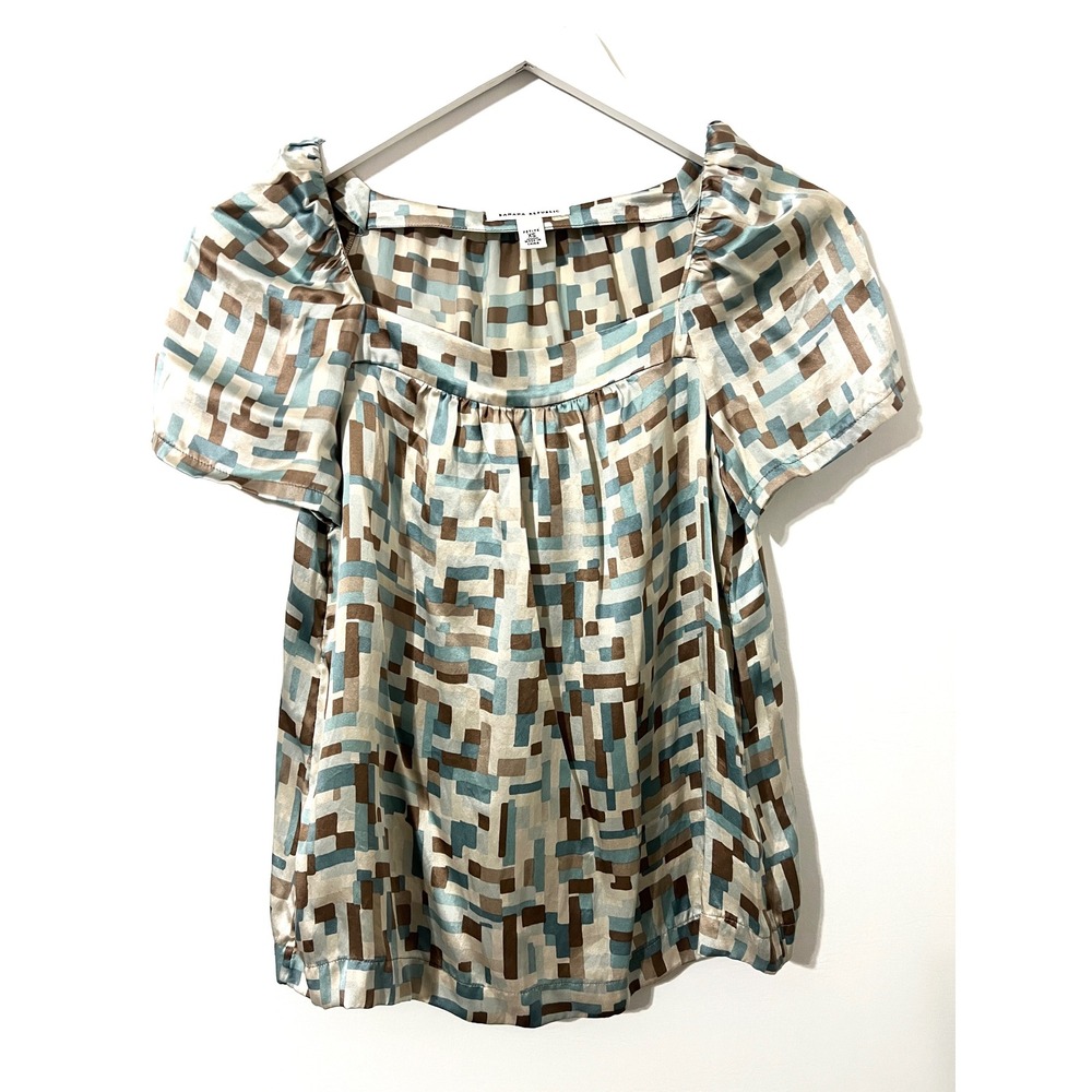 BANANA REPUBLIC Brown Blue Silk Geometric Top Excellent 2010s Career Petite XS